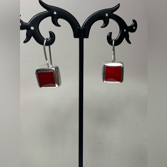 Silpada Rare HTF Sterling Silver & Red Stone Square French Wire Drop Earrings - Picture 2 of 12